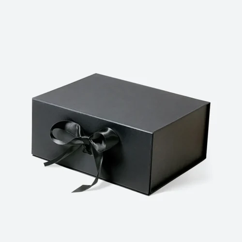 Boîte-cadeau rigide de luxe recyclable sans aimants A5 noir profond avec ruban