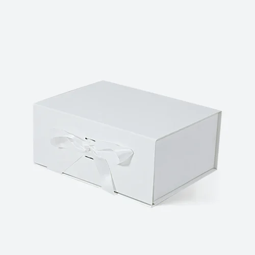 Boîte-cadeau rigide de luxe recyclable sans aimants A5 blanc profond avec ruban