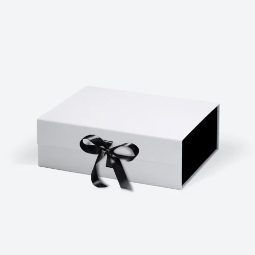 A4 Deep White Magnetic Gift Box with Ribbon (Black Interior)