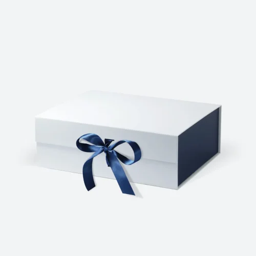 A4 Deep White Magnetic Gift Box with Ribbon (Navy Blue Interior)